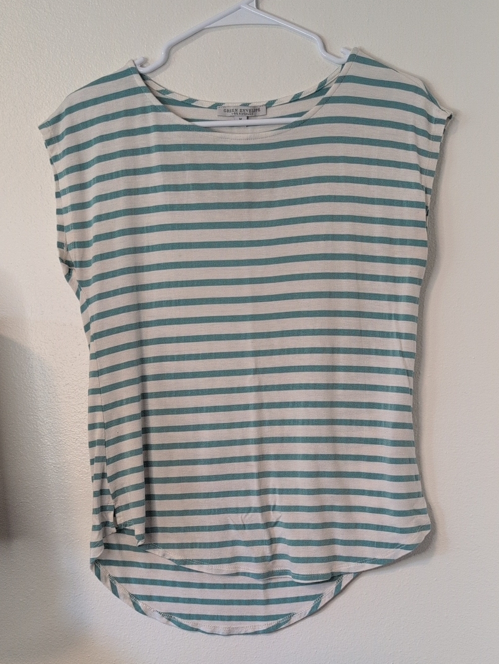 Green Envelope Women's Striped Crewneck Tee in Teal and White